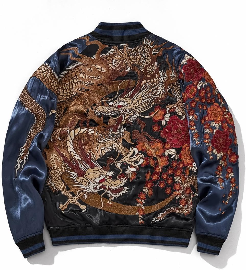 Dragon Floral Embroidery Bomber Jacket Hip Hop Casual Coat Sweetshirt
