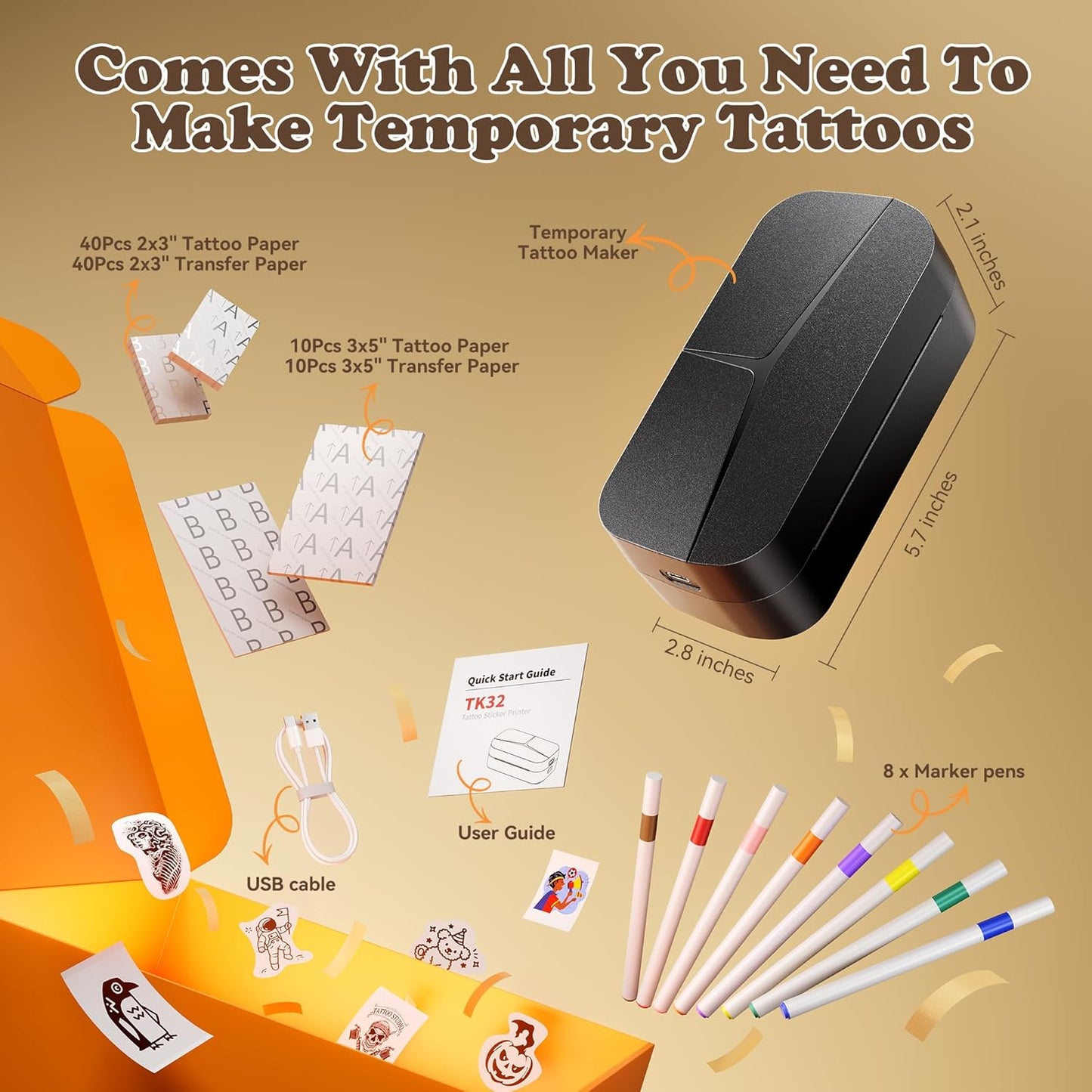 Phomemo TK32 Temporary Tattoo Printer Kit 50 Papers 8 Markers