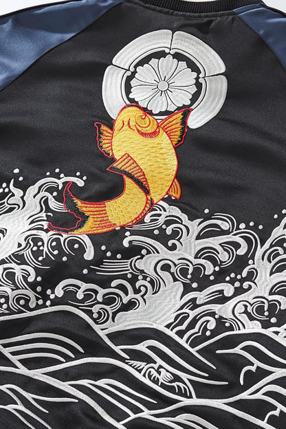 Koi Carp Embroidery Men Bomber Jacket Streetwear Windbreaker Hoodie