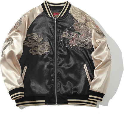 Dragon Embroidered Men's Bomber Jacket Satin Loose Streetwear