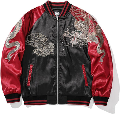 Dragon Embroidered Men's Bomber Jacket Satin Loose Streetwear