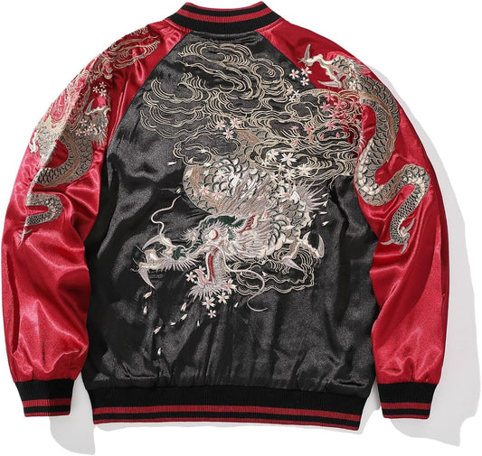 Dragon Embroidered Men's Bomber Jacket Satin Loose Streetwear