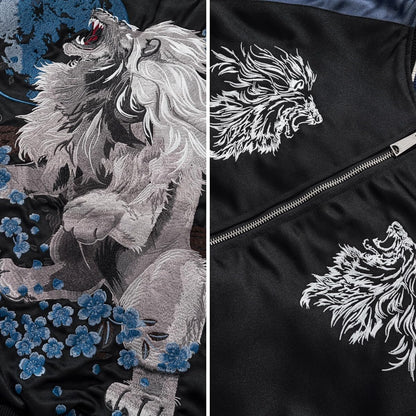 Men's Lion Embroidery Bomber Jacket Zip Up Hoodies Streetwear