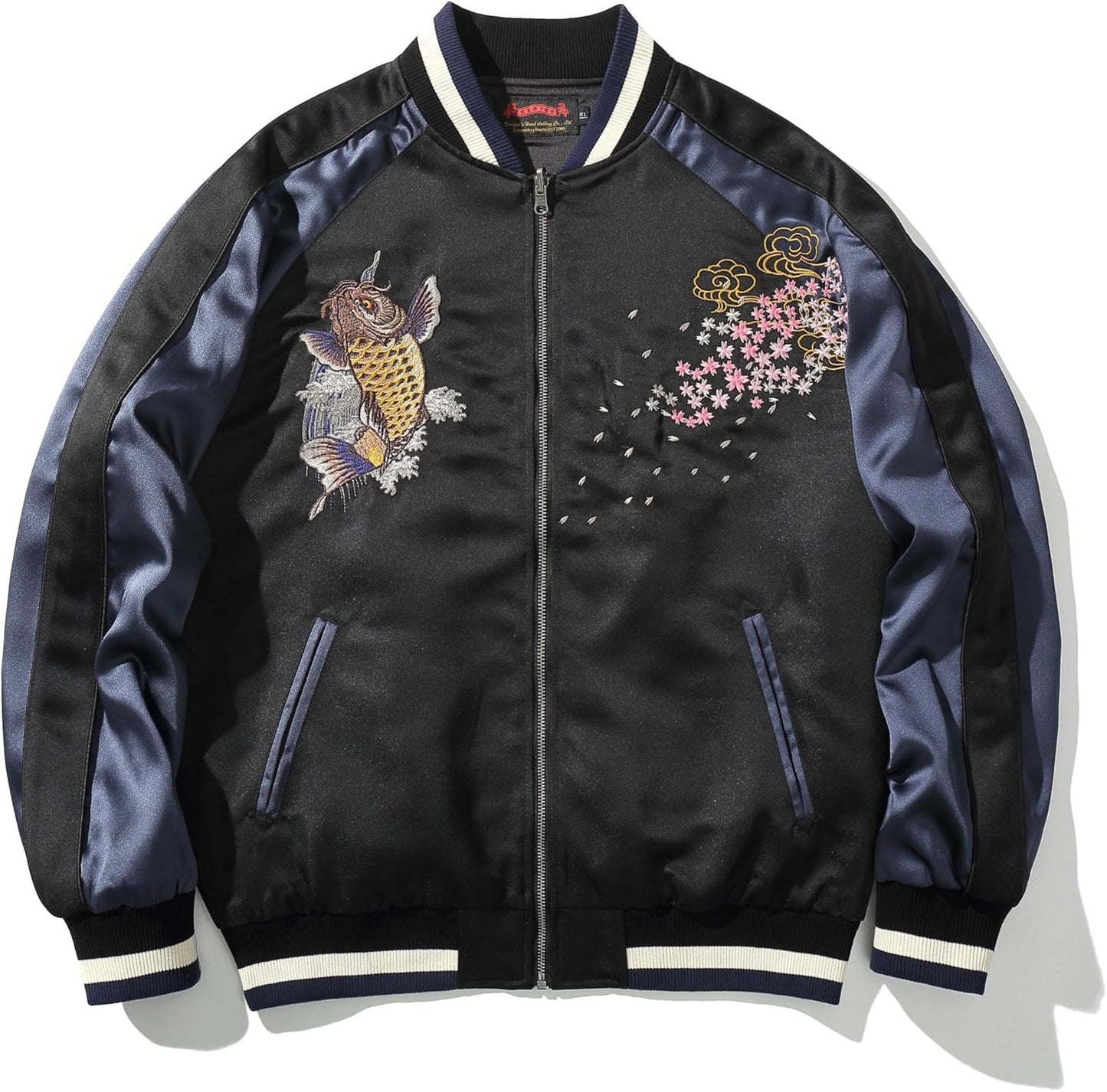 Satin Embroidery Bomber Jacket Coat Japanese Style Zip Up Windbreaker