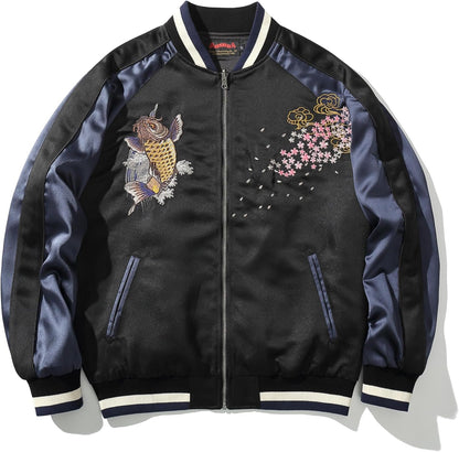 Satin Embroidery Bomber Jacket Coat Japanese Style Zip Up Windbreaker