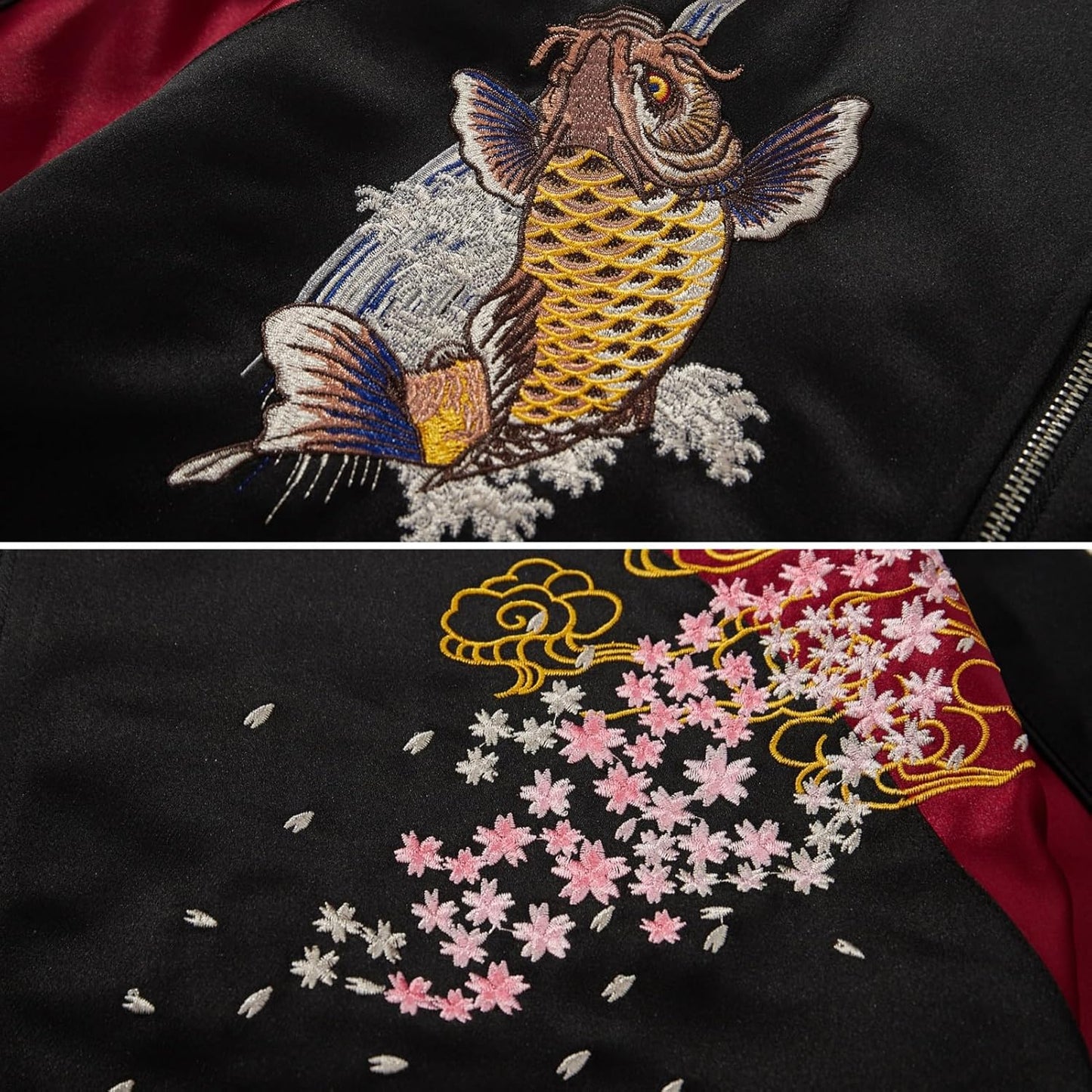 Satin Embroidery Bomber Jacket Coat Japanese Style Zip Up Windbreaker