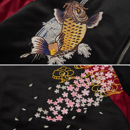 Satin Embroidery Bomber Jacket Coat Japanese Style Zip Up Windbreaker