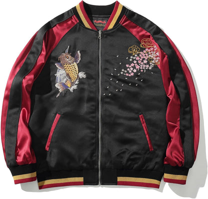 Satin Embroidery Bomber Jacket Coat Japanese Style Zip Up Windbreaker