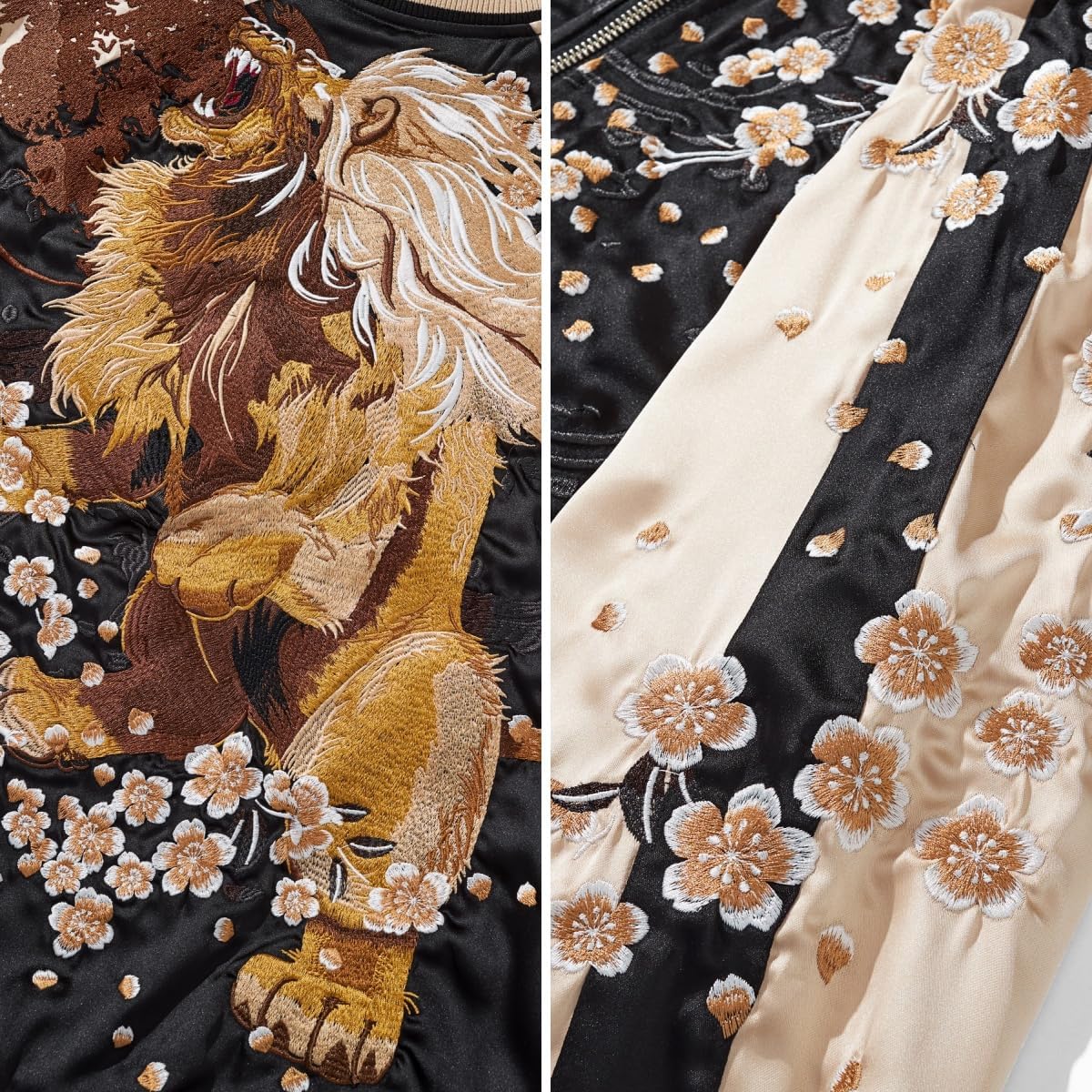 Lion Embroidery Men Bomber Jacket Reversible Streetwear Zip Up Hoodie