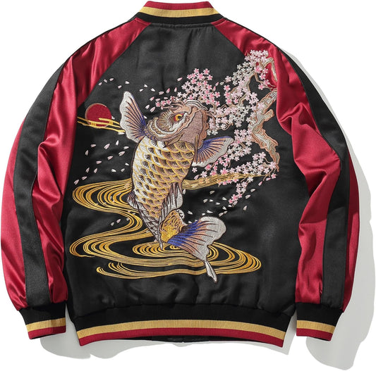 Satin Embroidery Bomber Jacket Coat Japanese Style Zip Up Windbreaker