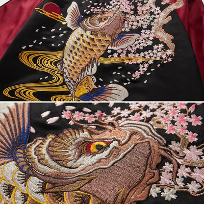 Satin Embroidery Bomber Jacket Coat Japanese Style Zip Up Windbreaker