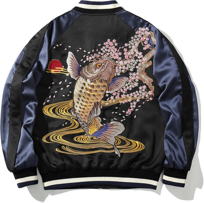 Satin Embroidery Bomber Jacket Coat Japanese Style Zip Up Windbreaker