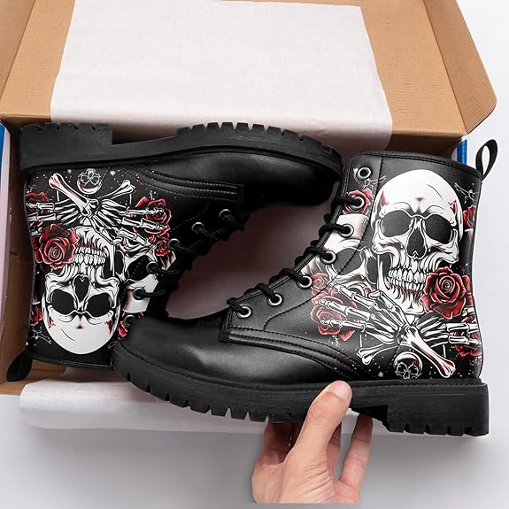 Skull Rose Black Ankle Boots Motorcycle Hunting Leather Boots Shoes - Colorsprinter