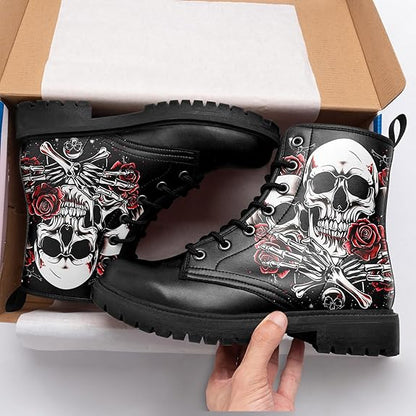 Skull Rose Black Ankle Boots Motorcycle Hunting Leather Boots Shoes - Colorsprinter