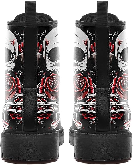 Skull Rose Black Ankle Boots Motorcycle Hunting Leather Boots Shoes - Colorsprinter