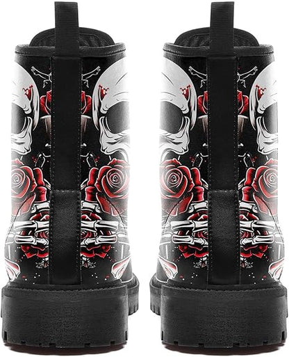 Skull Rose Black Ankle Boots Motorcycle Hunting Leather Boots Shoes - Colorsprinter