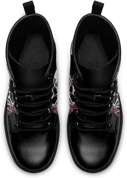 Skull Rose Black Ankle Boots Motorcycle Hunting Leather Boots Shoes - Colorsprinter