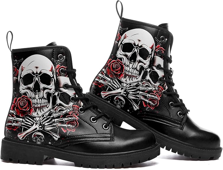 Skull Rose Black Ankle Boots Motorcycle Hunting Leather Boots Shoes - Colorsprinter