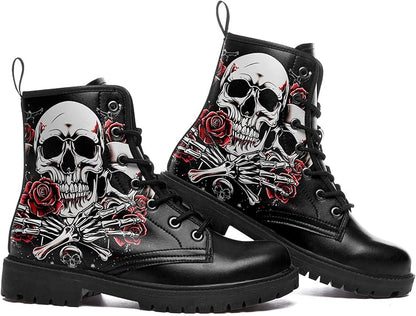 Skull Rose Black Ankle Boots Motorcycle Hunting Leather Boots Shoes - Colorsprinter