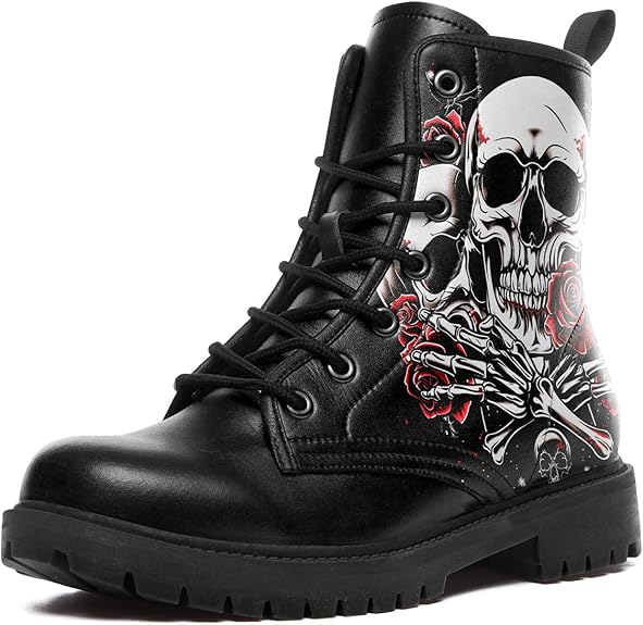 Skull Rose Black Ankle Boots Motorcycle Hunting Leather Boots Shoes - Colorsprinter