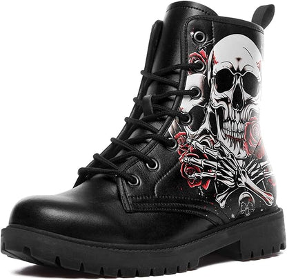 Skull Rose Black Ankle Boots Motorcycle Hunting Leather Boots Shoes - Colorsprinter