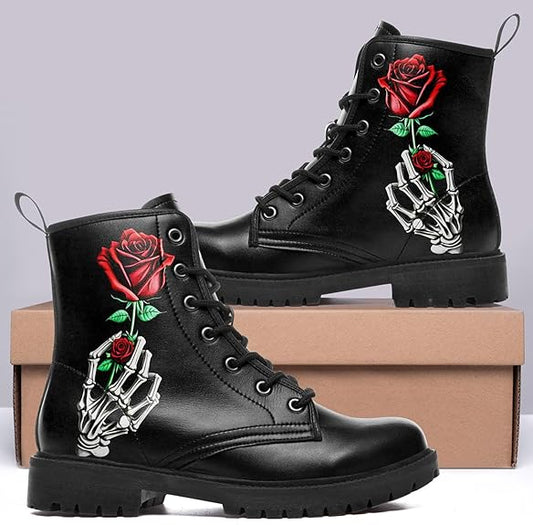 Forever Love Skull Hand Rose Leather Motorcycle Hunting Boots Shoes - Colorsprinter