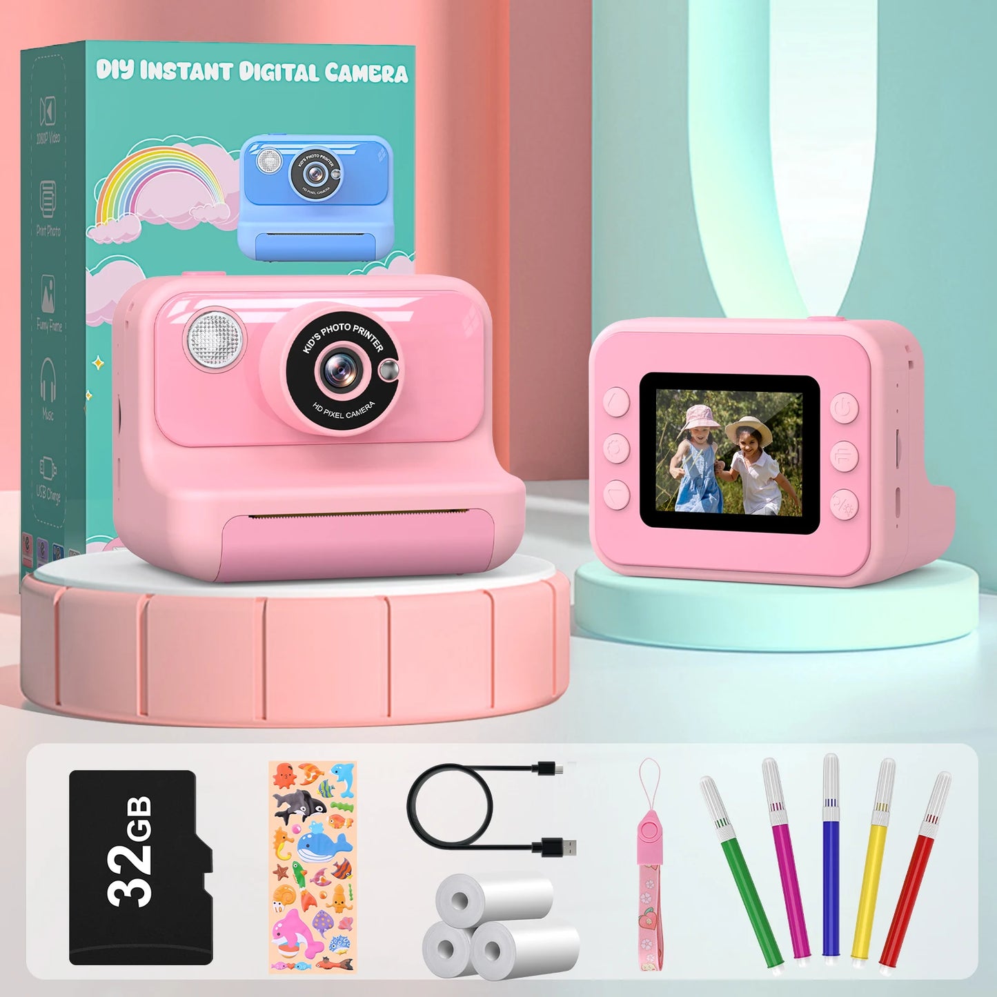 2.4 Inch Instant Print Camera For Kids Mini Camera Toy Gifts Pink
