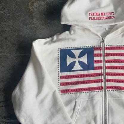 Women Y2k Zip Up Hoodie Sweatshirt Vintage Flag Jacket Streetwear