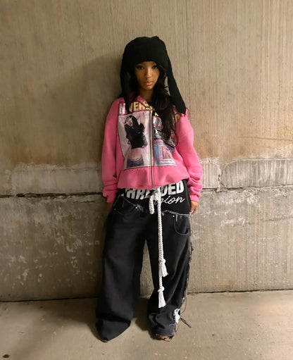 Men Women Y2k Zip Up Hoodie K-Pop Street Sportswear Jackets
