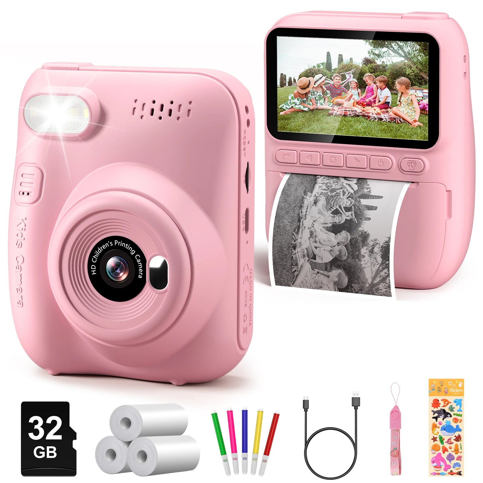 3.0" Instant Print Camera For Kids Printer 1080p Camera Toy Gift Pink