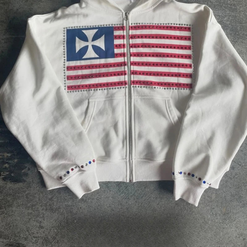 Women Y2k Zip Up Hoodie Sweatshirt Vintage Flag Jacket Streetwear