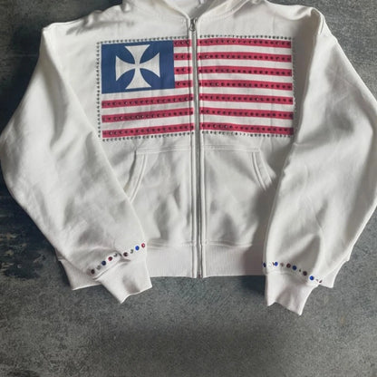 Women Y2k Zip Up Hoodie Sweatshirt Vintage Flag Jacket Streetwear