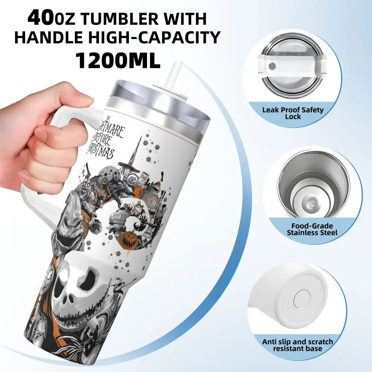 Nightmare Before Christmas Stainless Steel Tumbler Cartoon Driving Mugs Cup 40oz Thermal Cups Cold and Hot Milk Tea Water Bottle