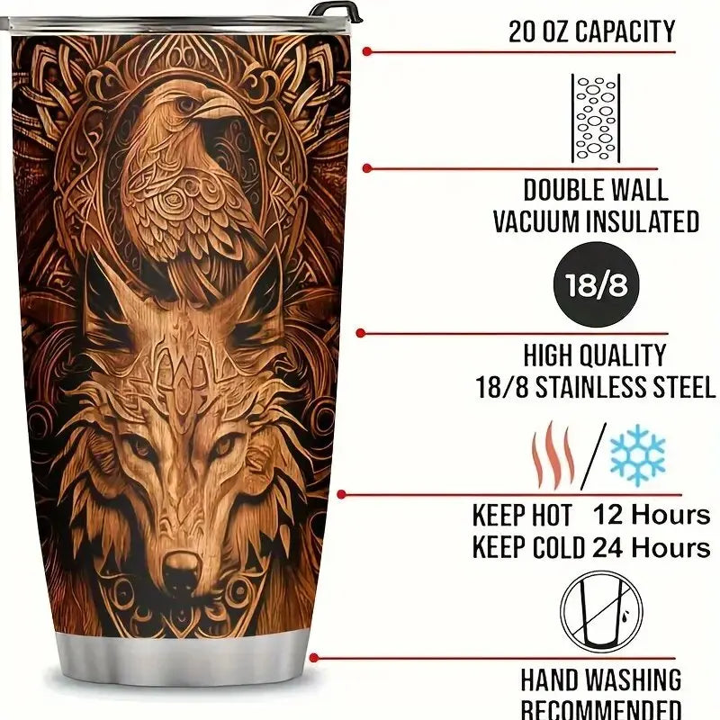 Viking Wolf 20oz Stainless Steel Tumbler Coffee Tea Portable Mug