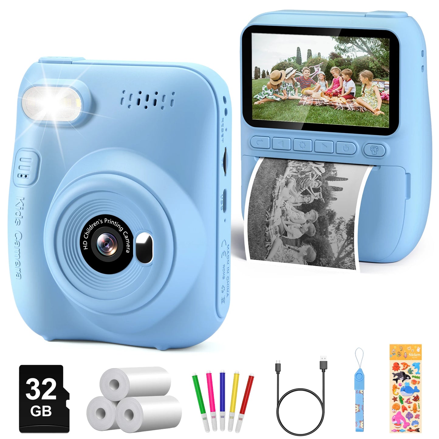 3.0" Instant Print Camera For Kids Printer 1080p Camera Toy Gift Blue