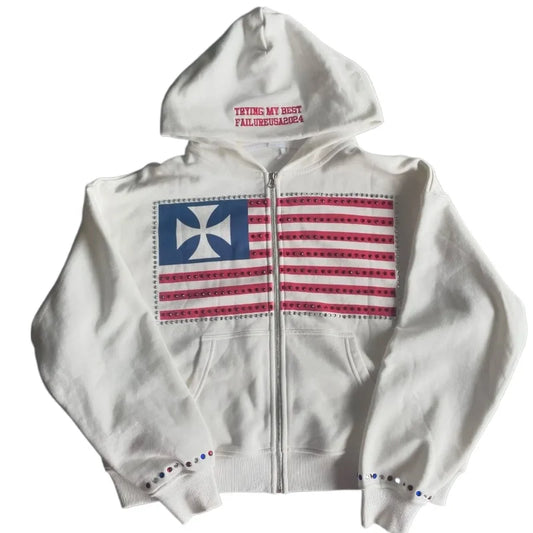 Women Y2k Zip Up Hoodie Sweatshirt Vintage Flag Jacket Streetwear