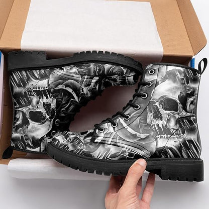 Unisex Skull Black Ankle Boots Motorcycle Hunting Leather Boots Shoes - Colorsprinter