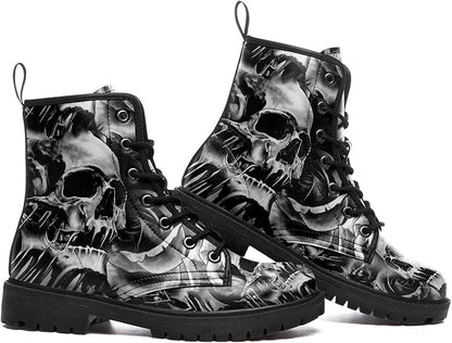 Unisex Skull Black Ankle Boots Motorcycle Hunting Leather Boots Shoes - Colorsprinter