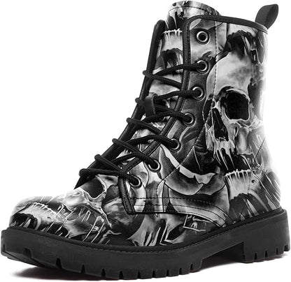 Unisex Skull Black Ankle Boots Motorcycle Hunting Leather Boots Shoes - Colorsprinter