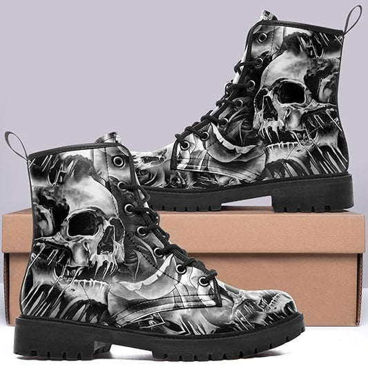 Unisex Skull Black Ankle Boots Motorcycle Hunting Leather Boots Shoes - Colorsprinter