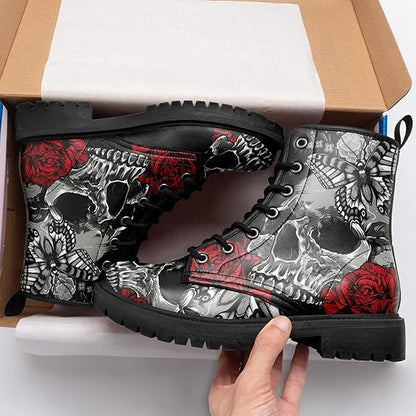 Skull Rose Women Military Motorcycle Hunting Black Leather Boots Shoes - Colorsprinter