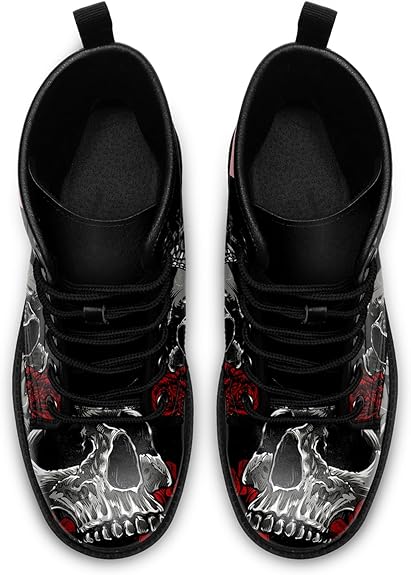 Skull Rose Women Military Motorcycle Hunting Black Leather Boots Shoes - Colorsprinter