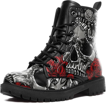 Skull Rose Women Military Motorcycle Hunting Black Leather Boots Shoes - Colorsprinter