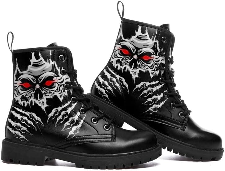 Skull Paw Rock Ankle Leather Combat Boots Motorcycle Boots Black Shoes