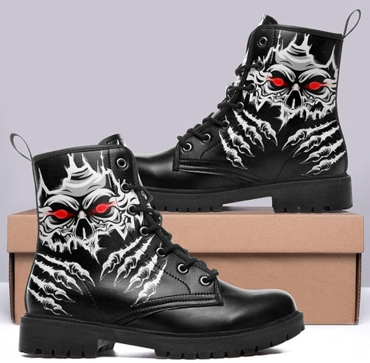 Skull Paw Rock Ankle Leather Combat Boots Motorcycle Boots Black Shoes