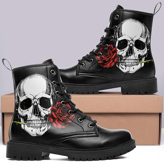 Rose Skull Black Leather Mens Women Platform Hiking Riding Boots