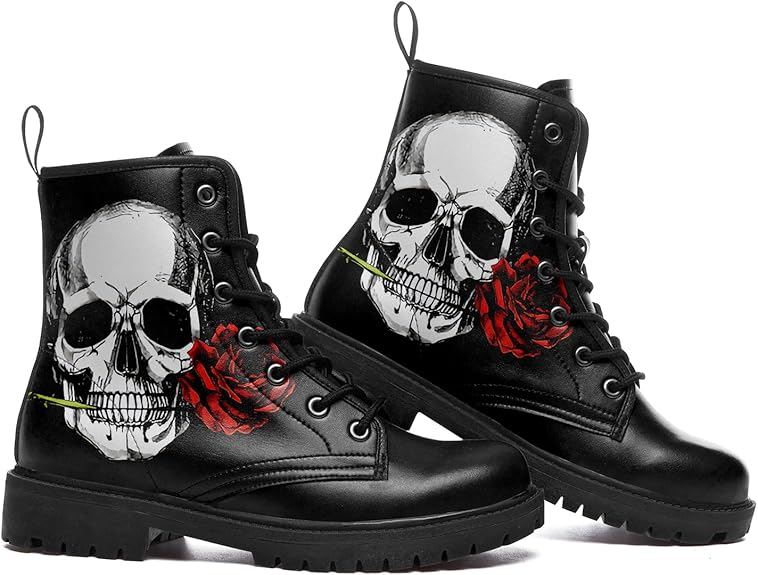 Rose Skull Black Leather Mens Women Platform Hiking Riding Boots