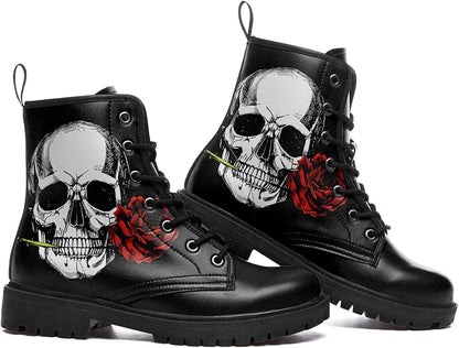 Rose Skull Black Leather Mens Women Platform Hiking Riding Boots