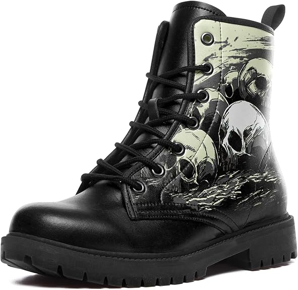 Women Skull Ankle Leather Hunting Boots Motorcycle Boots Black Shoes - Colorsprinter