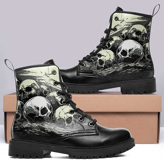 Women Skull Ankle Leather Hunting Boots Motorcycle Boots Black Shoes - Colorsprinter